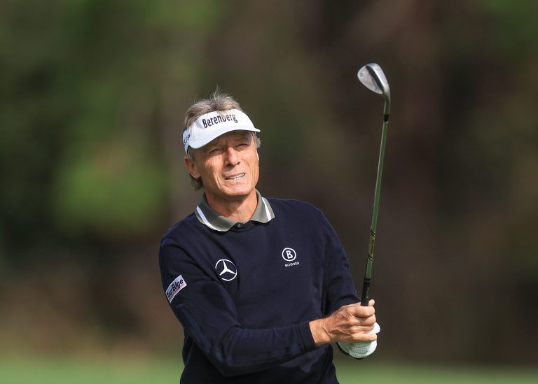 ORLANDO, FLORIDA - DECEMBER 17: Bernhard Langer of Germany plays his second shot on the first hole during the first round of the 2022 PNC Championship at The Ritz-Carlton Golf Club on December 17, 2022 in Orlando, Florida. (Photo by David Cannon/Getty Images)