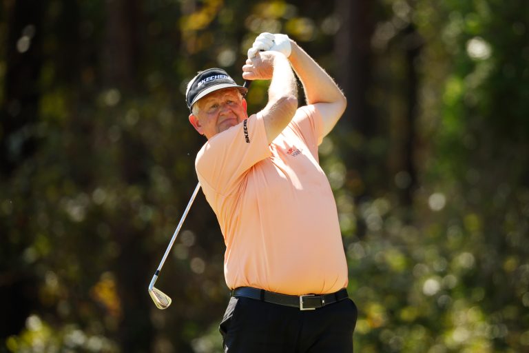 JACKSONVILLE, FLORIDA - OCTOBER 07: Colin Montgomerie of Scotland plays his shot from the fourth tee during the first round of the Constellation FURYK & FRIENDS at Timuquana Country Club on October 07, 2022 in Jacksonville, Florida. (Photo by Cliff Hawkins/Getty Images)