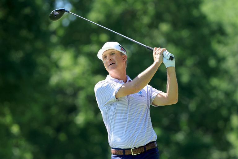 AKRON, OHIO - JULY 10: David Toms plays a shot on the third hole during the final round of the Bridgestone SENIOR PLAYERS Championship at Firestone Country Club on July 10, 2022 in Akron, Ohio. (Photo by Sam Greenwood/Getty Images)