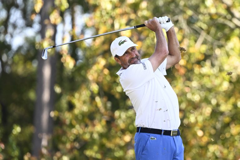 CARY, NORTH CAROLINA - OCTOBER 14: José María Olazábal of Spain plays his shot from the third tee box during the first round of the SAS Championship at Prestonwood Country Club on October 14, 2022 in Cary, North Carolina. (Photo by Eakin Howard/Getty Images)