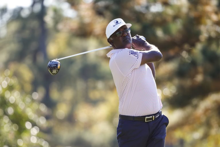 RICHMOND, VA - OCTOBER 21: Vijay Singh of Fiji hits his tee shot on the ninth hole during the first round of the Dominion Energy Charity Classic at The Country Club of Virginia on October 21, 2022 in Richmond, Virginia. (Photo by David Berding/Getty Images)